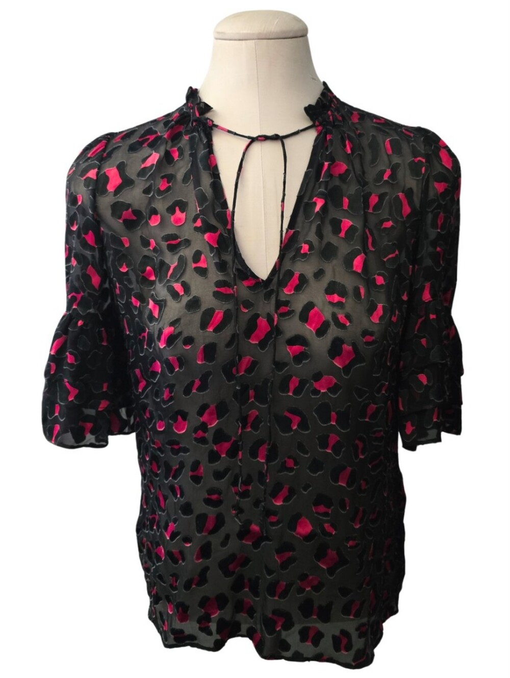 Alice + Olivia Burnout Velvet Leopard Print Tie Neck Bell Sleeve Blouse XS Silk